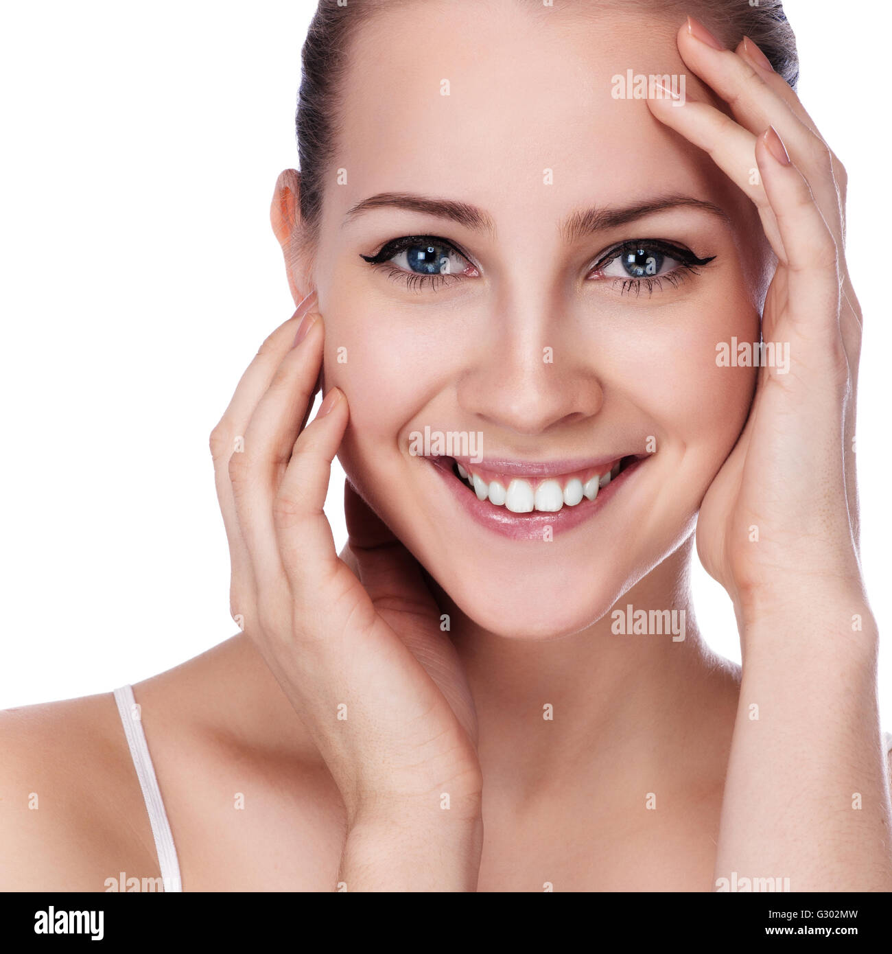 Beauty Portrait. Beautiful Spa Woman Touching her Face Stock Photo