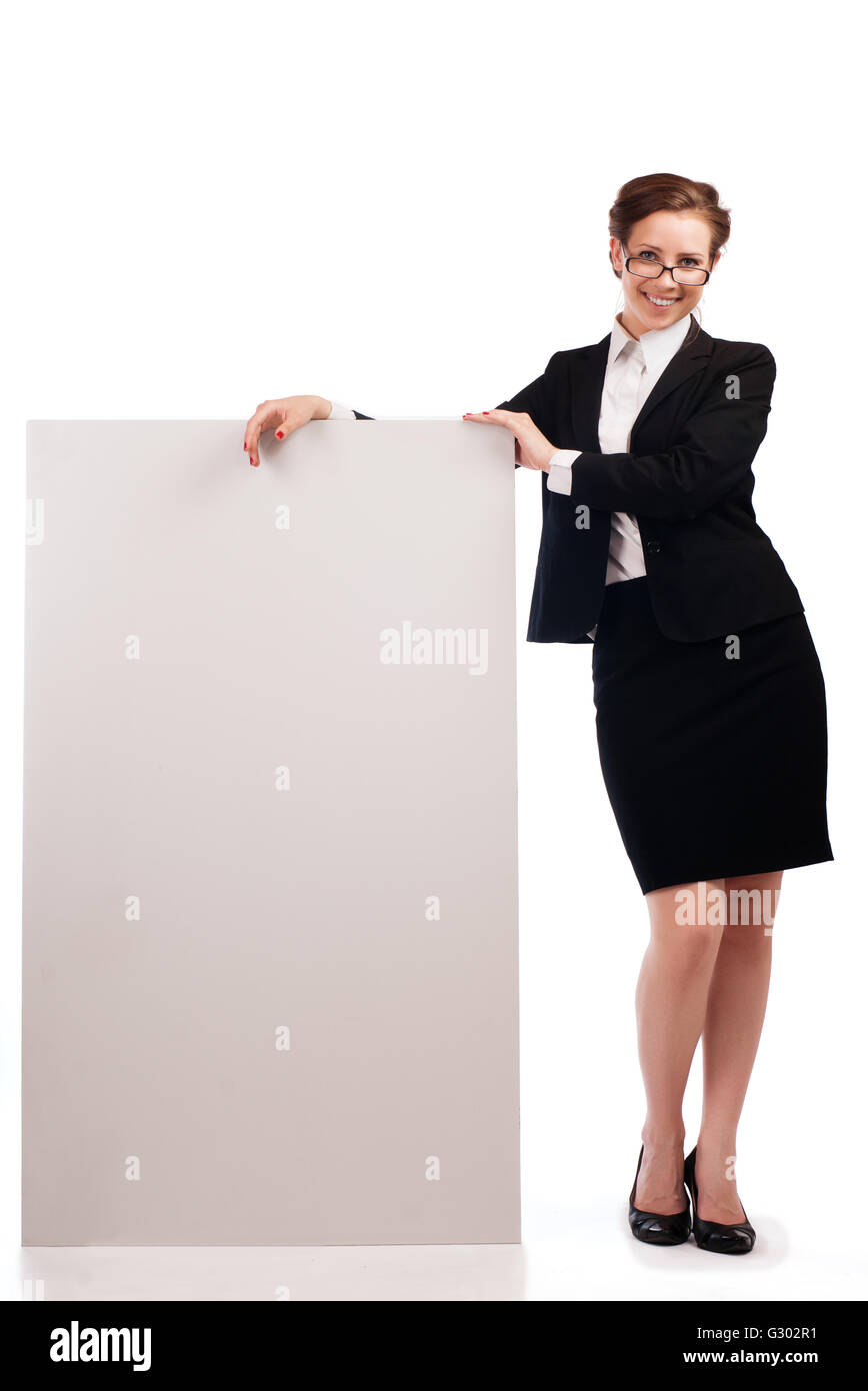 Full length of beautiful business woman showing copy space up over ...