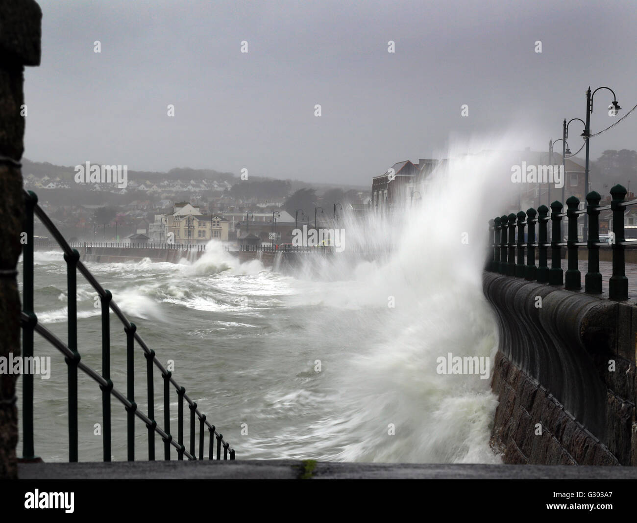 Storm waves breaking over Penzance Promenade, Cornwall, England, UK. Stock Photo