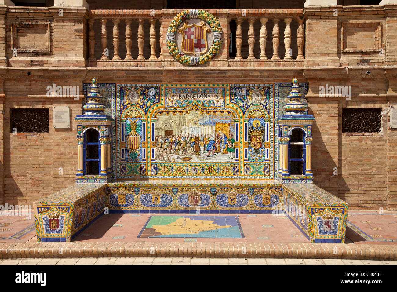 Tiled image and map of Barcelona in the Plaza de Espana, Seville, Andalusia, Spain, Europe Stock Photo