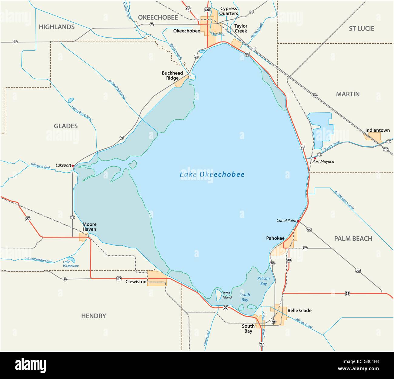 vector road map of Lake Okeechobee in the US State of Florida Stock Vector