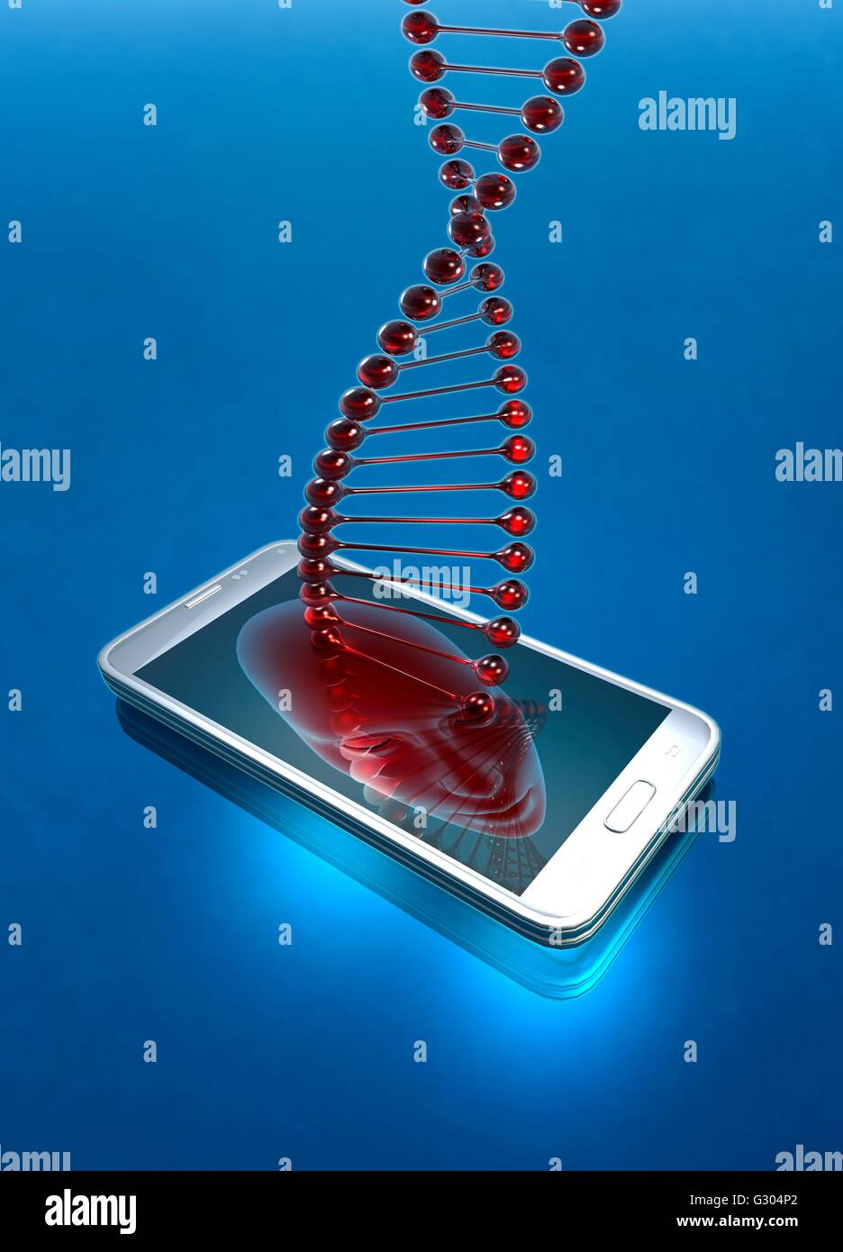 Dna (deoxyribonucleic acid) strand and smartphone, illustration. Stock Photo
