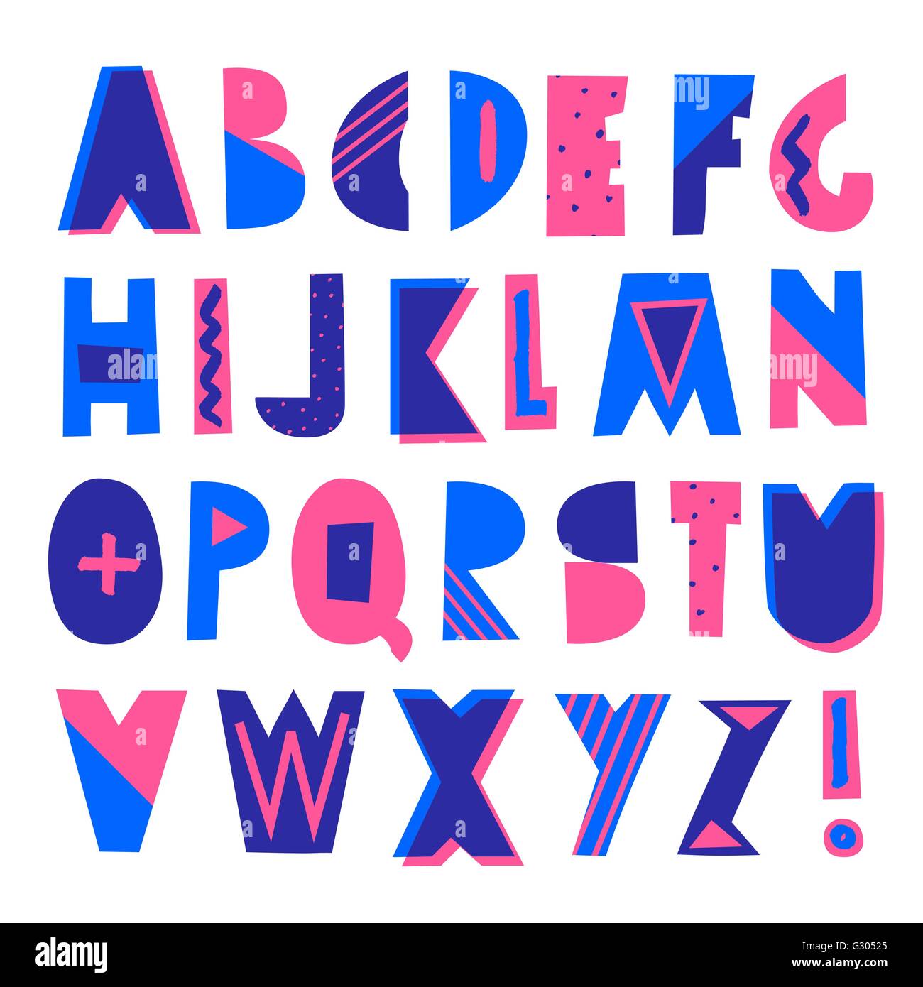 Geometric style decorative letters in blue and pink isolated on white background Stock Vector