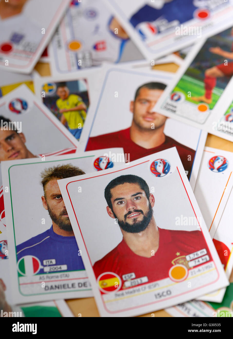 Pile of 2016 Panini football stickers Stock Photo