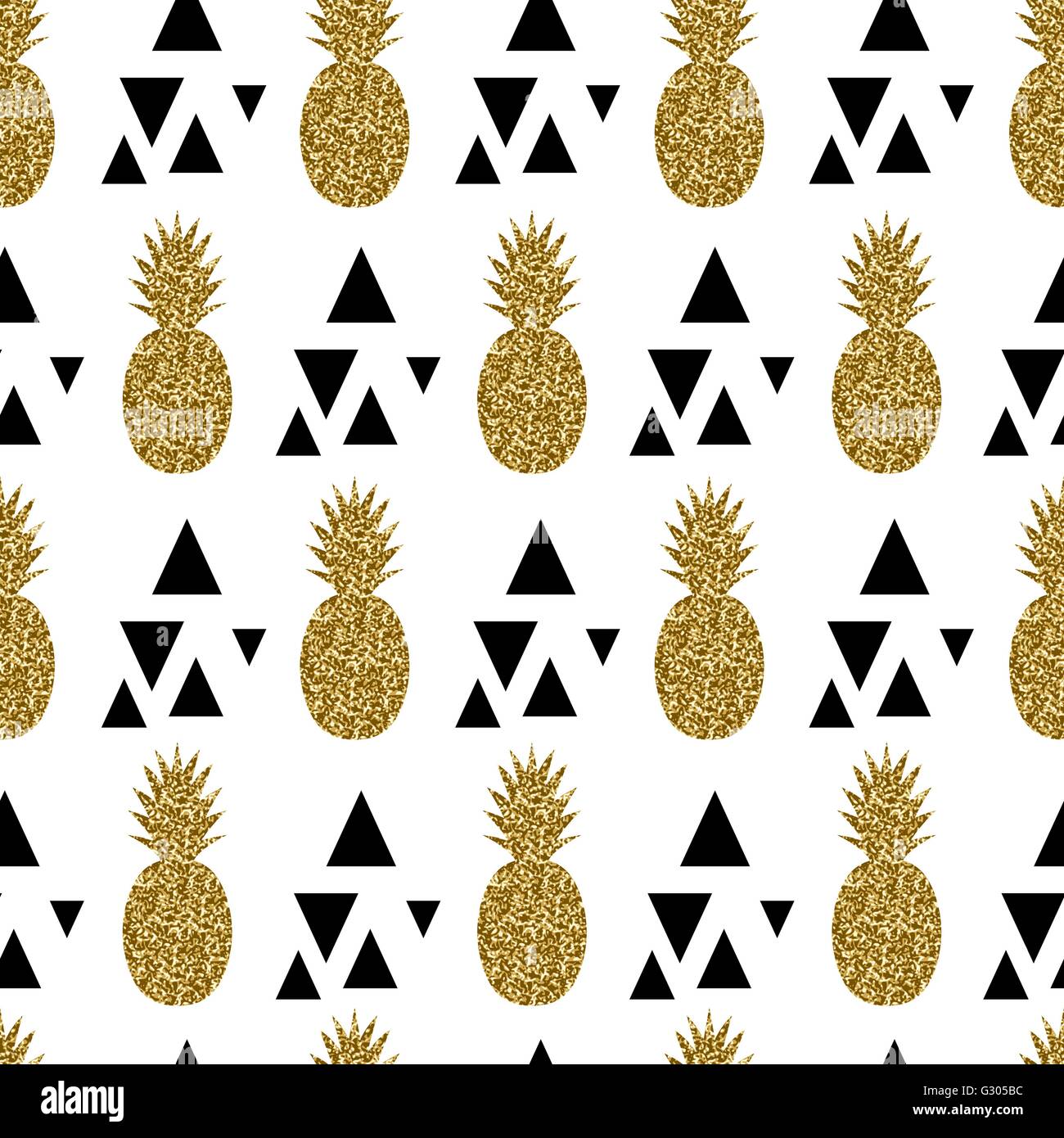 Seamless repeating pattern with gold glitter pineapples and black