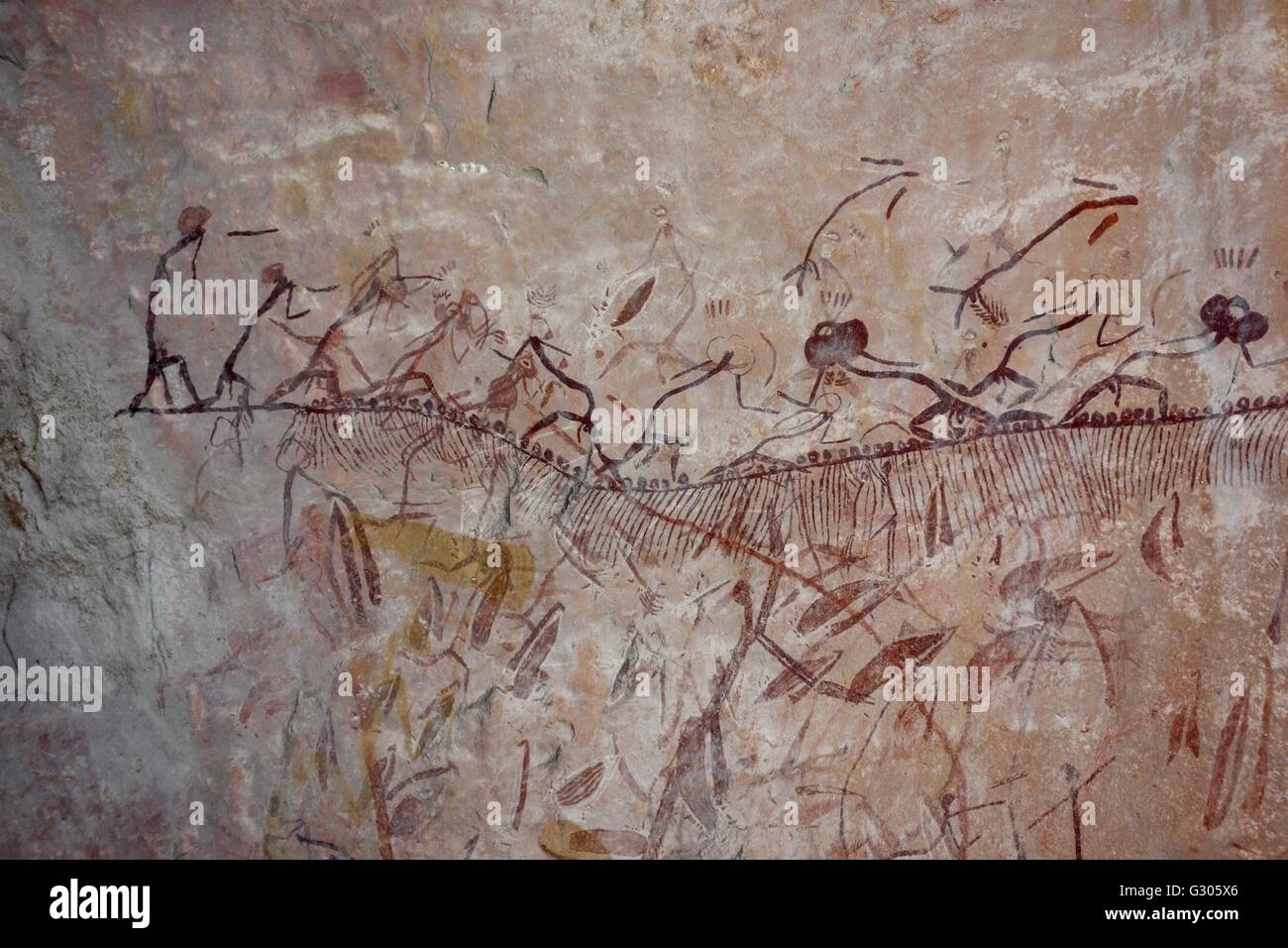 Cave painting of figures along a line of rocks at the 'Mountford Site' near East Alligator River, West Arnhem Land, Australia Stock Photo