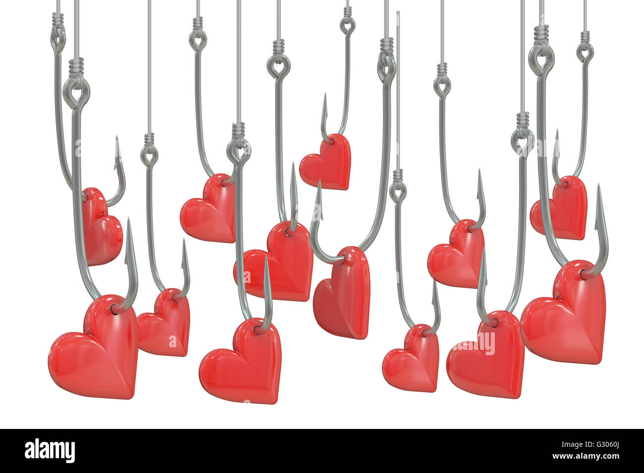 Red hearts on the fishing hooks, 3D rendering on white background Stock Photo