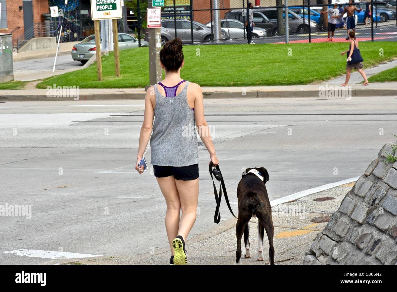 woman walking her dog in the park Stock Photo - Alamy