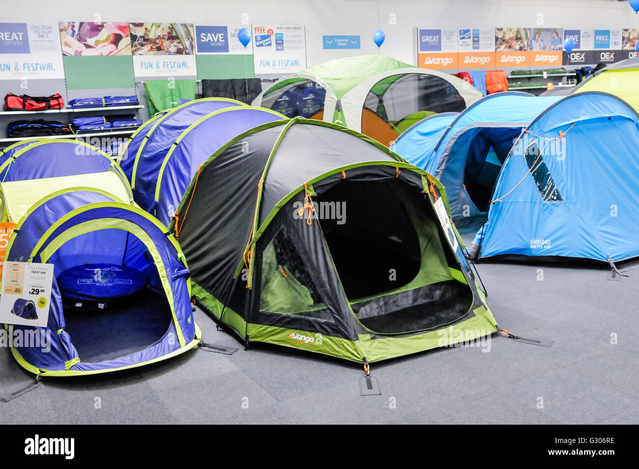 Tents on sale in the camping section of Go Outdoors sports shop. Stock Photo