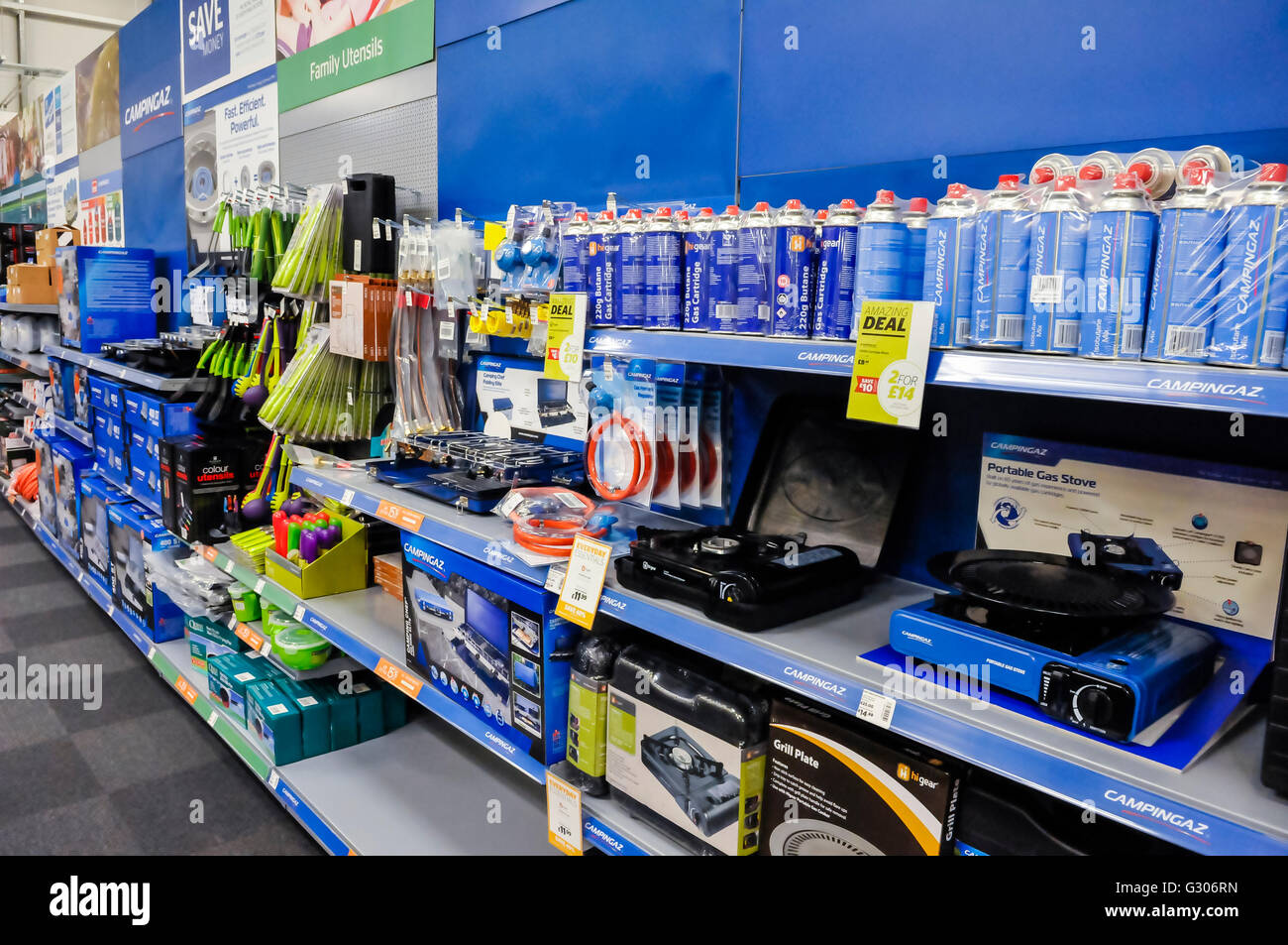 Camping stoves, gas canisters and accessories on sale in the camping section of Go Outdoors sports shop. Stock Photo