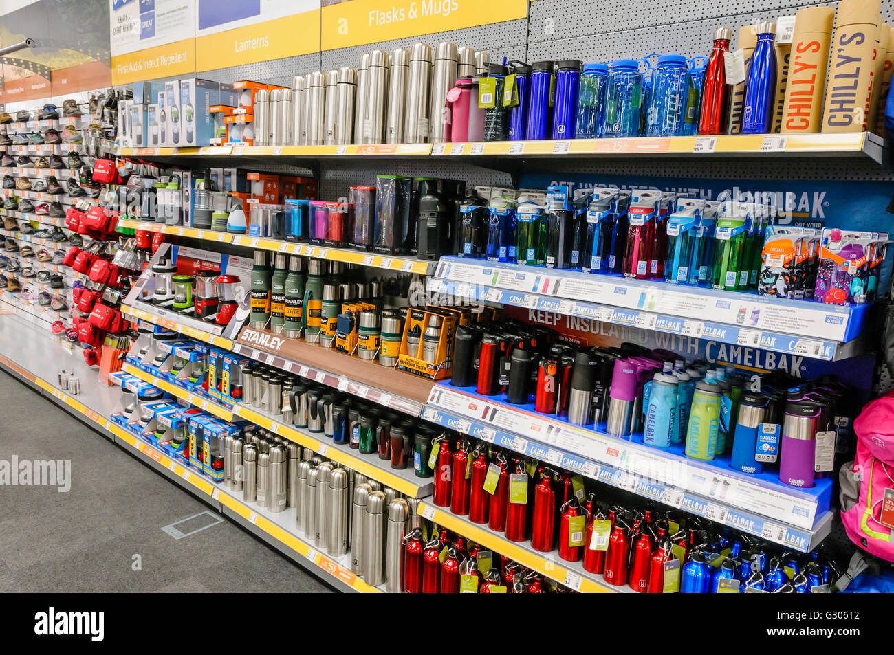 Water bottles, travel mugs, thermos vacuum flasks on sale in the fishing section of Go Outdoors sports shop. Stock Photo