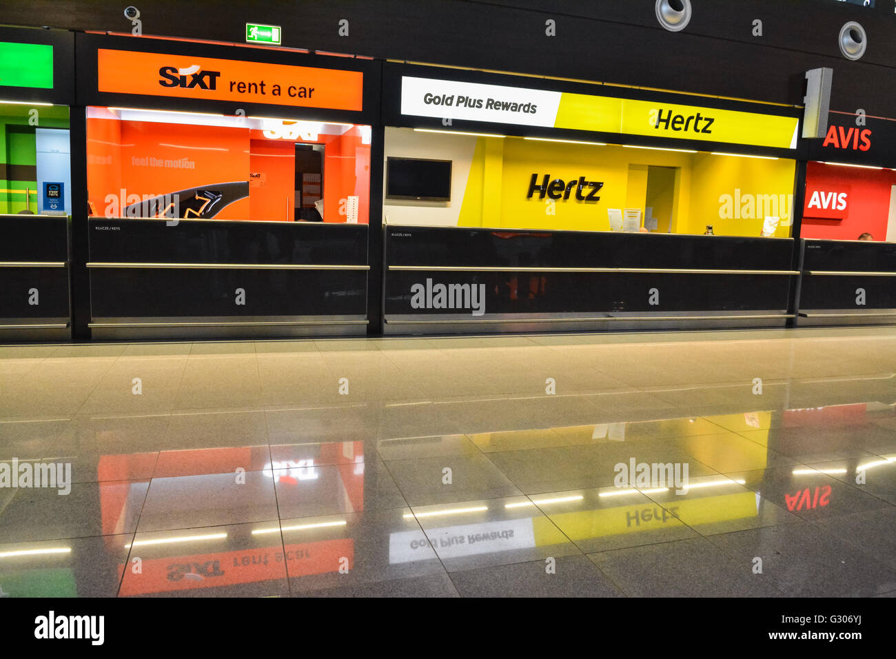 Car Hire desks inside Gdansk airport, Poland, Europe Stock Photo