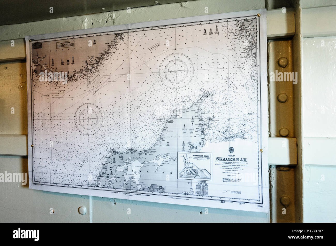 Map of North Jutland, Skagerrak, and Baltic Sea on HMS Caroline, Belfast, the last surviving ship from the Battle of Jutland. Stock Photo