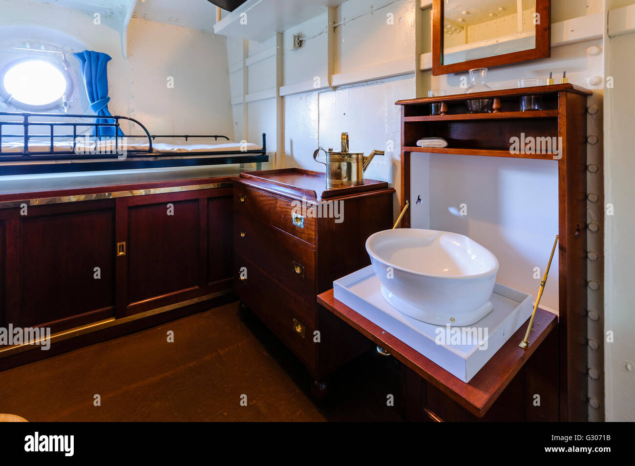 Officer's cabin and wash facilities on HMS Caroline, Belfast, the last surviving ship from the Battle of Jutland. Stock Photo