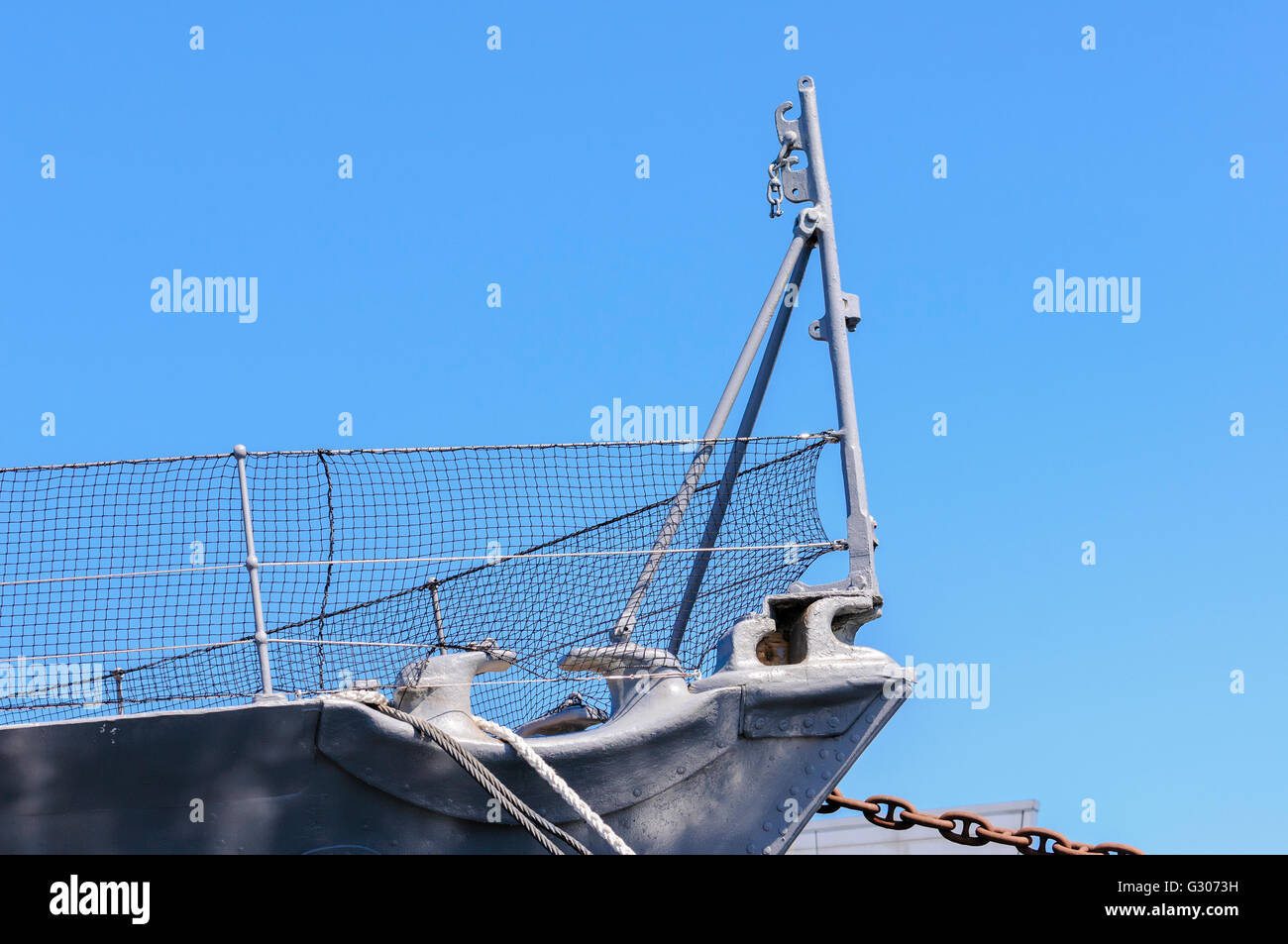 Front prow of HMS Caroline, Belfast, the last surviving ship from the Battle of Jutland (Panorama) Stock Photo