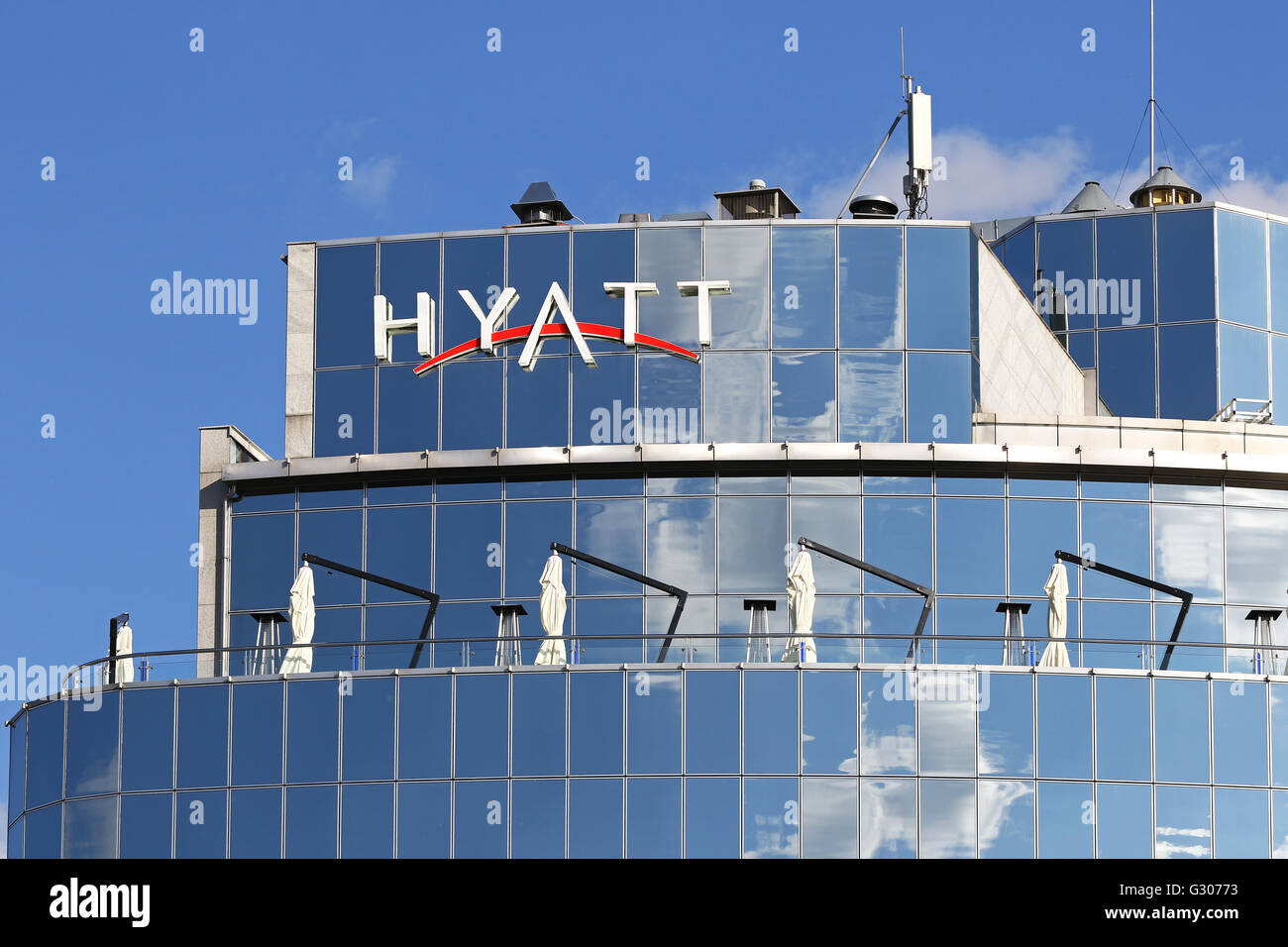 KYIV, UKRAINE - MAY 21, 2016: Hyatt brandmark on the rooftop of Hyatt Hotel building in the center of Kyiv city, Ukraine Stock Photo