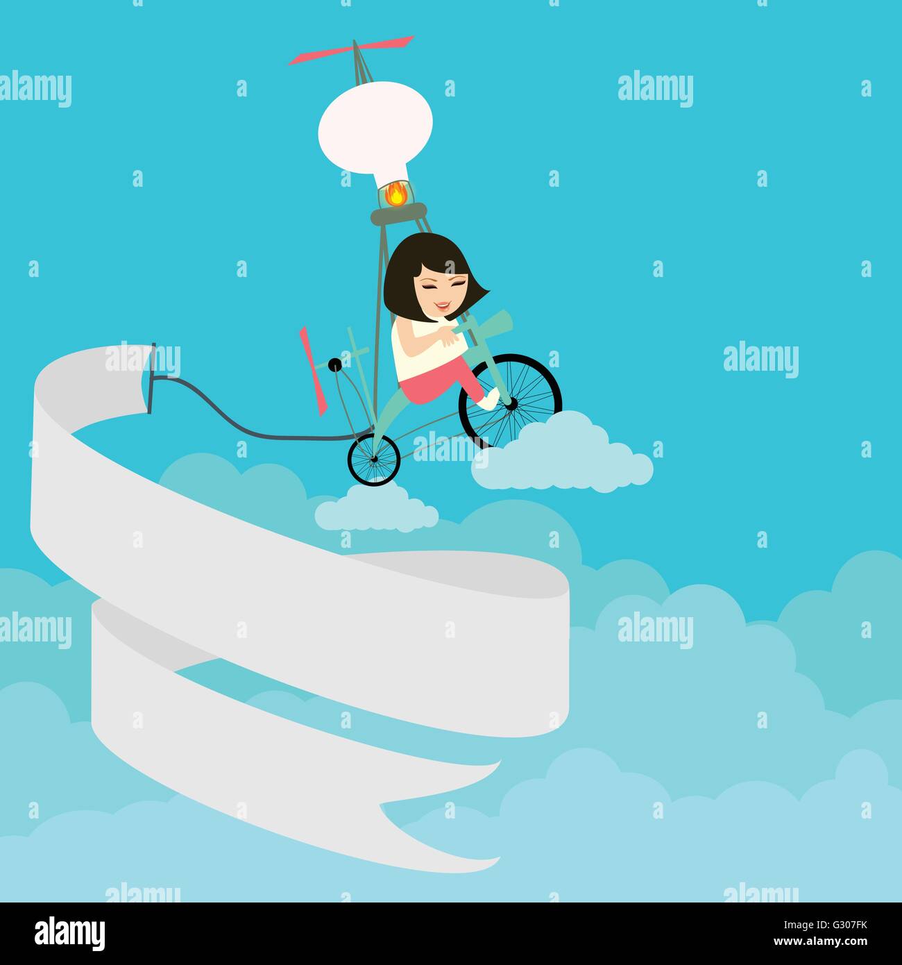 kids girls riding bicycle flying on the sky with text banner Stock Vector