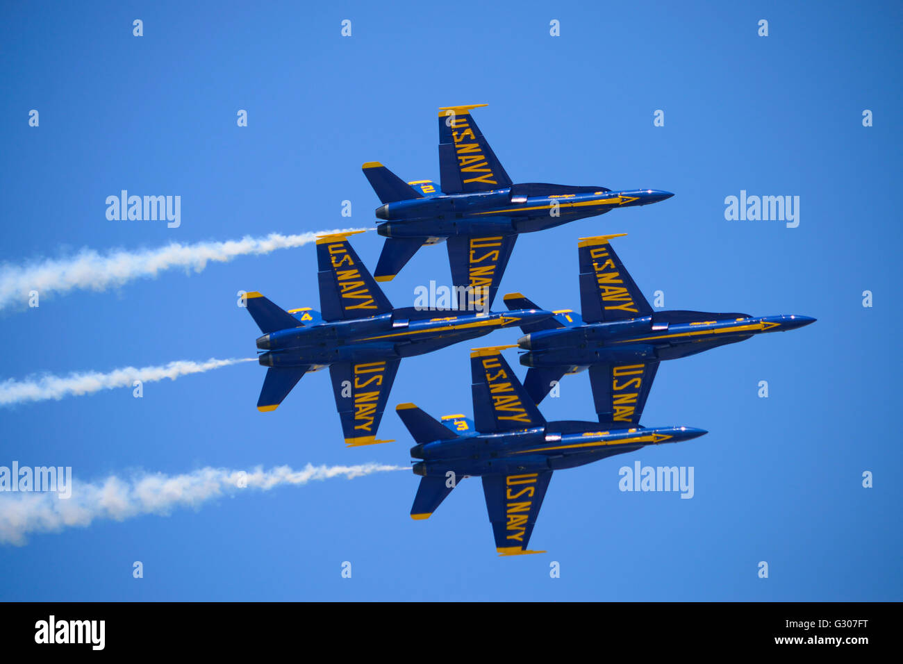 US Navy Blue Angels Fly F-18 Hornet Jet Planes during Jones Beach Air Show. Stock Photo