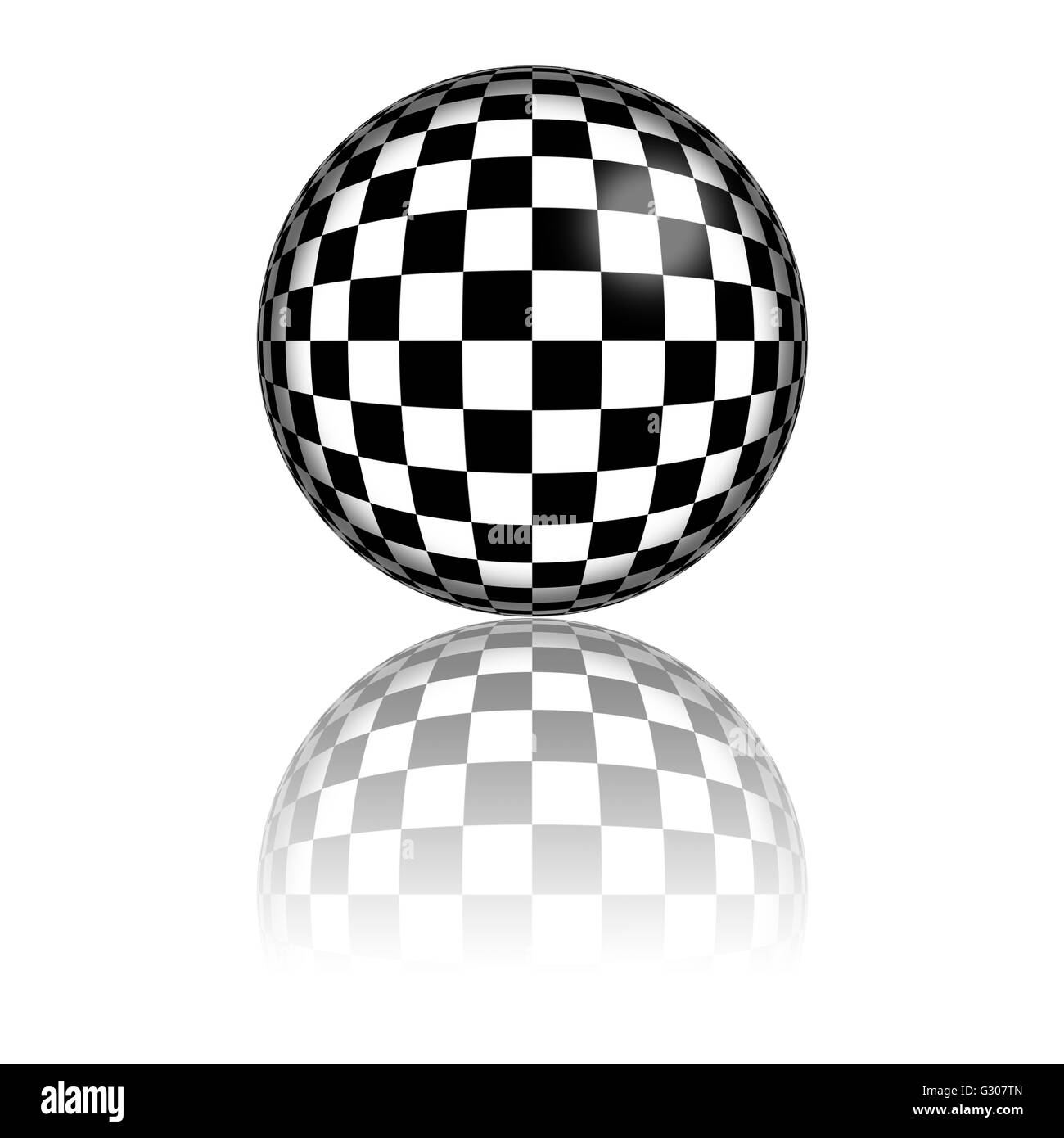 3D sphere or badge of checkered flag with reflection at bottom. Stock Photo