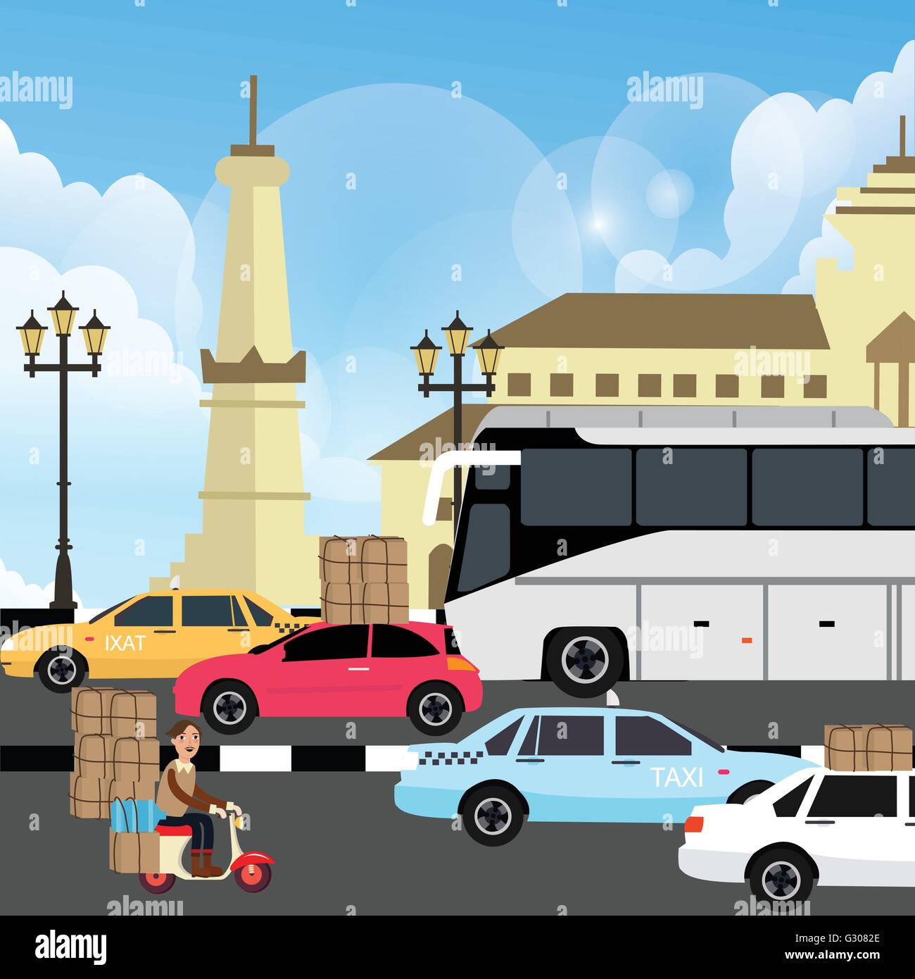 holiday vacation traffic jam congestion illustration in yogyakarta street indonesia Stock Vector