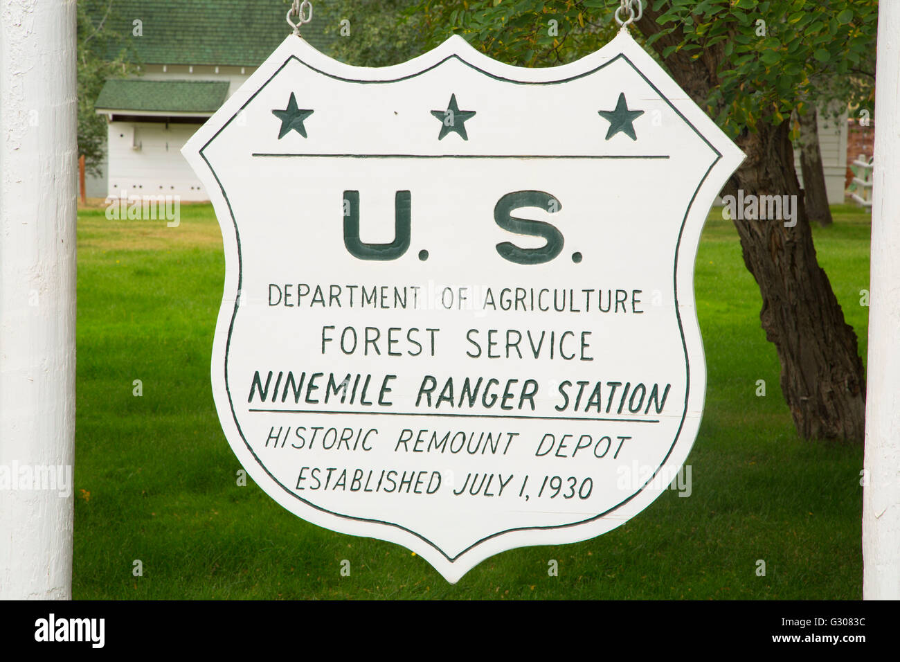 Station entrance sign, Ninemile Remount Depot and Ranger Station, Lolo National Forest, Montana Stock Photo