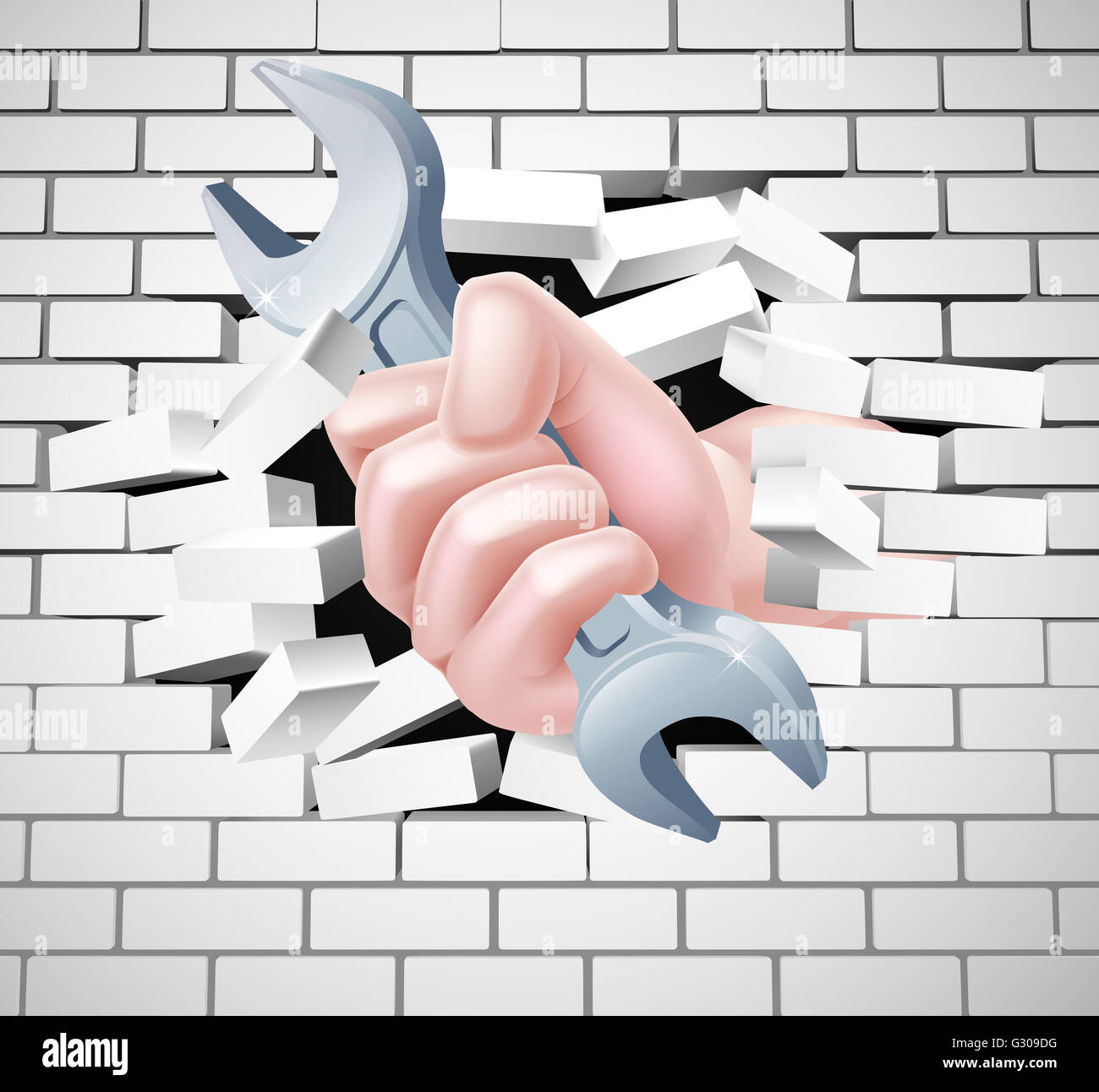 Conceptual illustration of a hand holding a spanner breaking through a white brick wall Stock Photo
