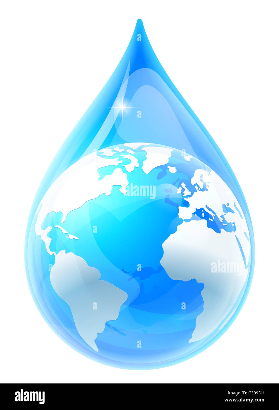A conceptual illustration of a water or rain drop droplet with a world earth globe inside Stock Photo