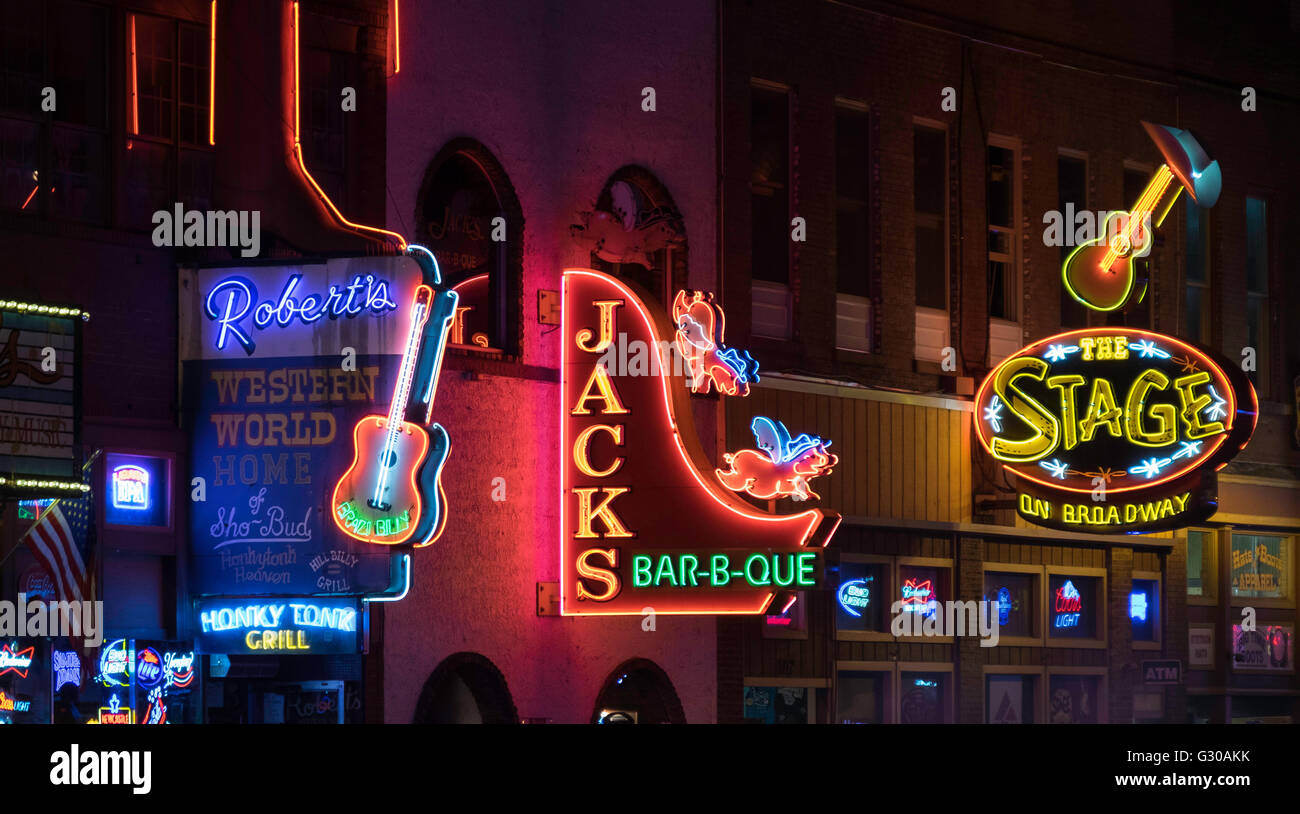 Neon signs and historic music clubs along Lower Broadway in Nashville