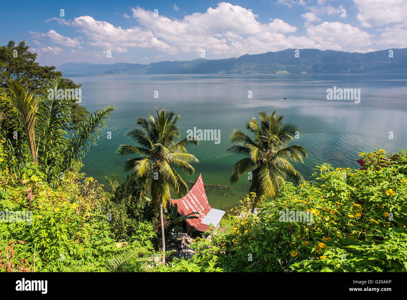Batak Houses at Lake Toba (Danau Toba), the largest volcanic lake in the world, North Sumatra, Indonesia, Southeast Asia, Asia Stock Photo