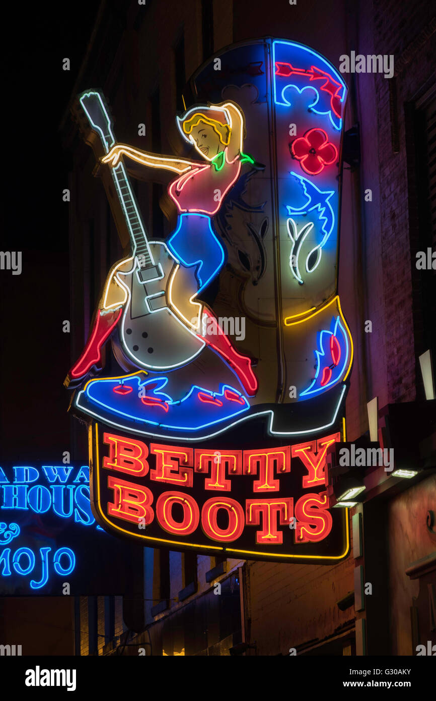 Neon signs and historic music clubs along Lower Broadway in Nashville, Tennessee, United States of America, North America Stock Photo