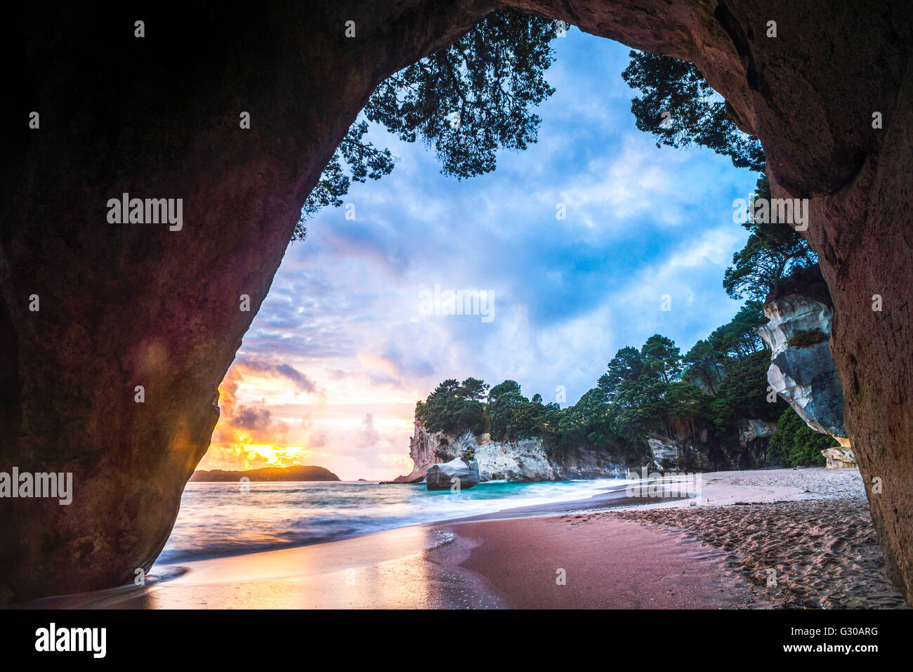 Cathedral Cove beach at sunrise, Coromandel Peninsula, North Island, New Zealand, Pacific Stock Photo