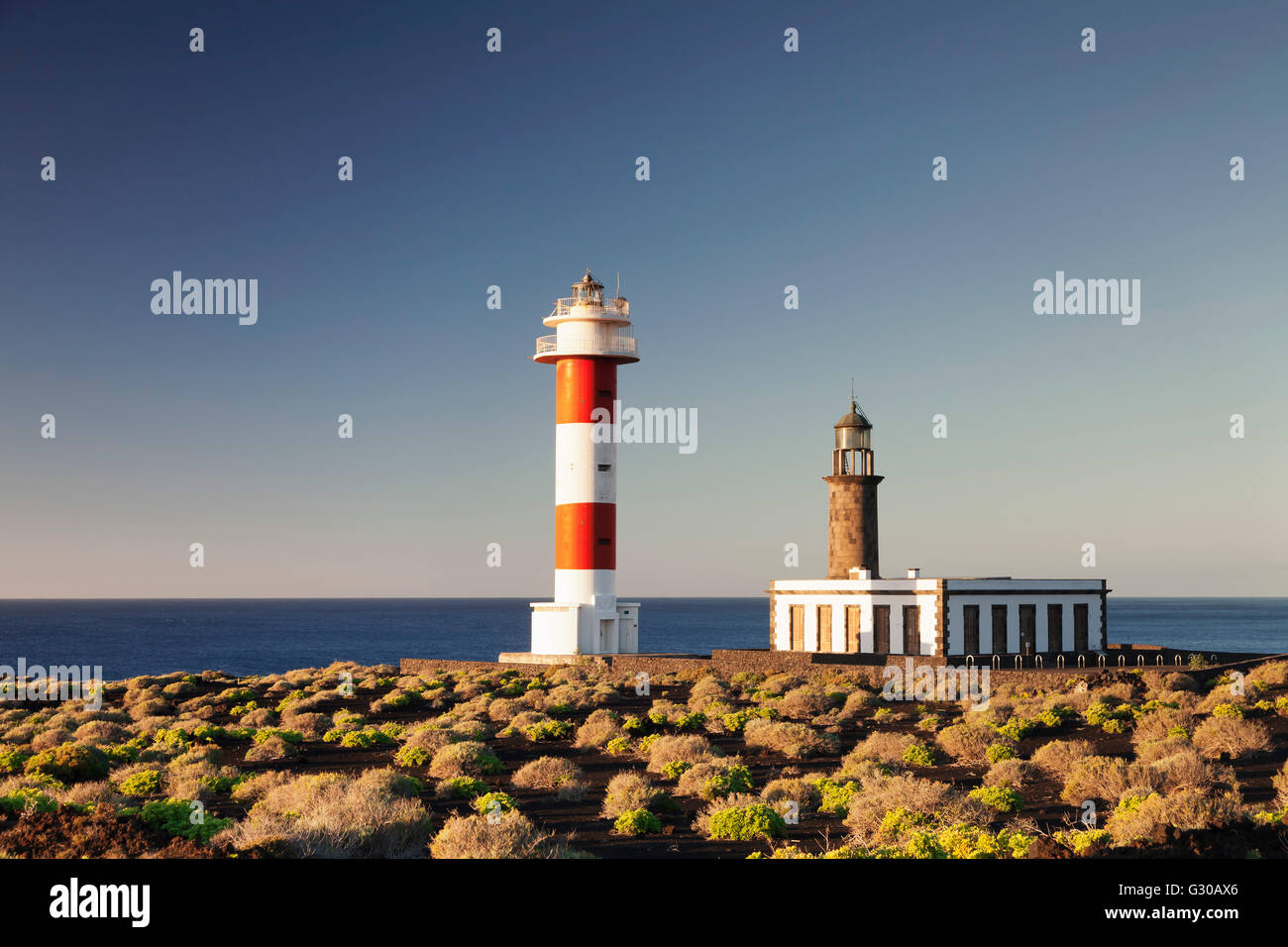 Faro de Fuencaliente lighthouses at sunrise, Punta de Fuencaliente, La Palma, Canary Islands, Spain, Atlantic, Europe Stock Photo