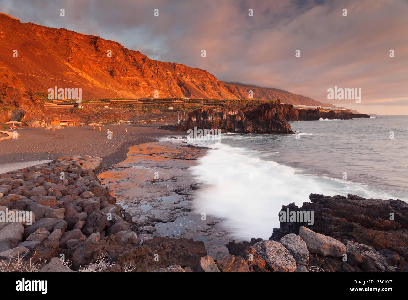 Playa de Charco Verde beach at sunset, Puerto Naos, La Palma, Canary Islands, Spain, Atlantic, Europe Stock Photo