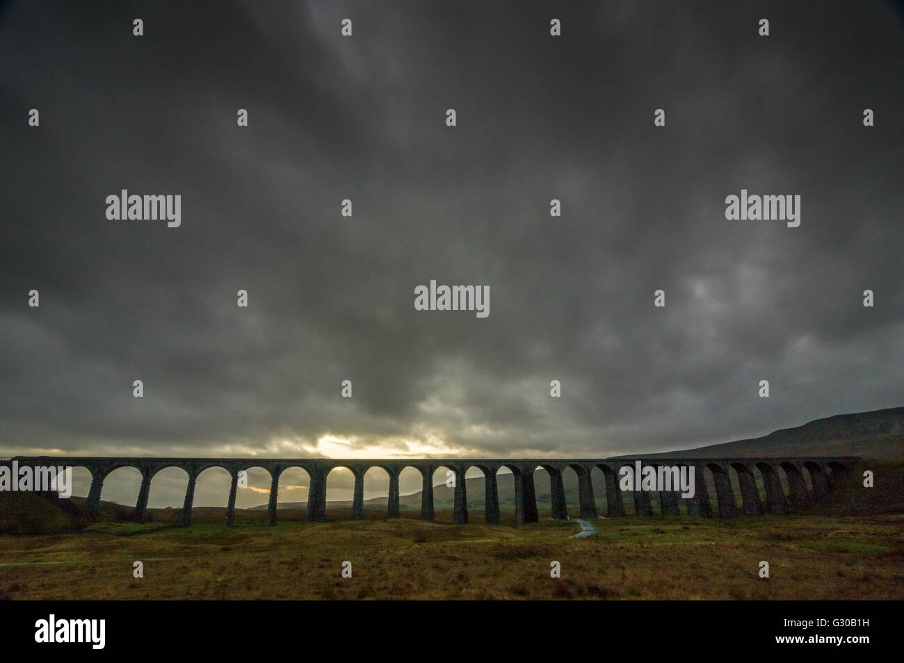 Ribblehead Viaduct, sunset, Yorkshire Dales National Park, Yorkshire, England, United Kingdom, Europe Stock Photo
