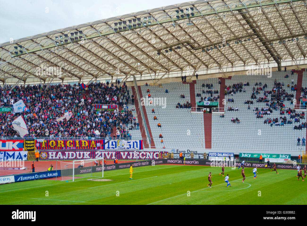 Torcida in their usual seats, Croatian league football match between Rijeka and Hajduk Split, Stadion Poljud, Split, Dalmatia, C Stock Photo