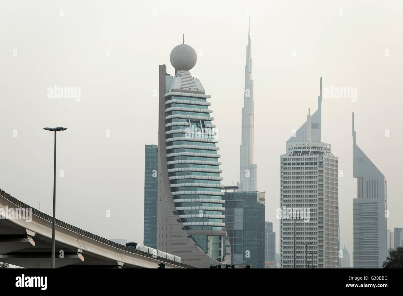 Dubai Metro and skyline, Dubai, United Arab Emirates, Middle East Stock Photo