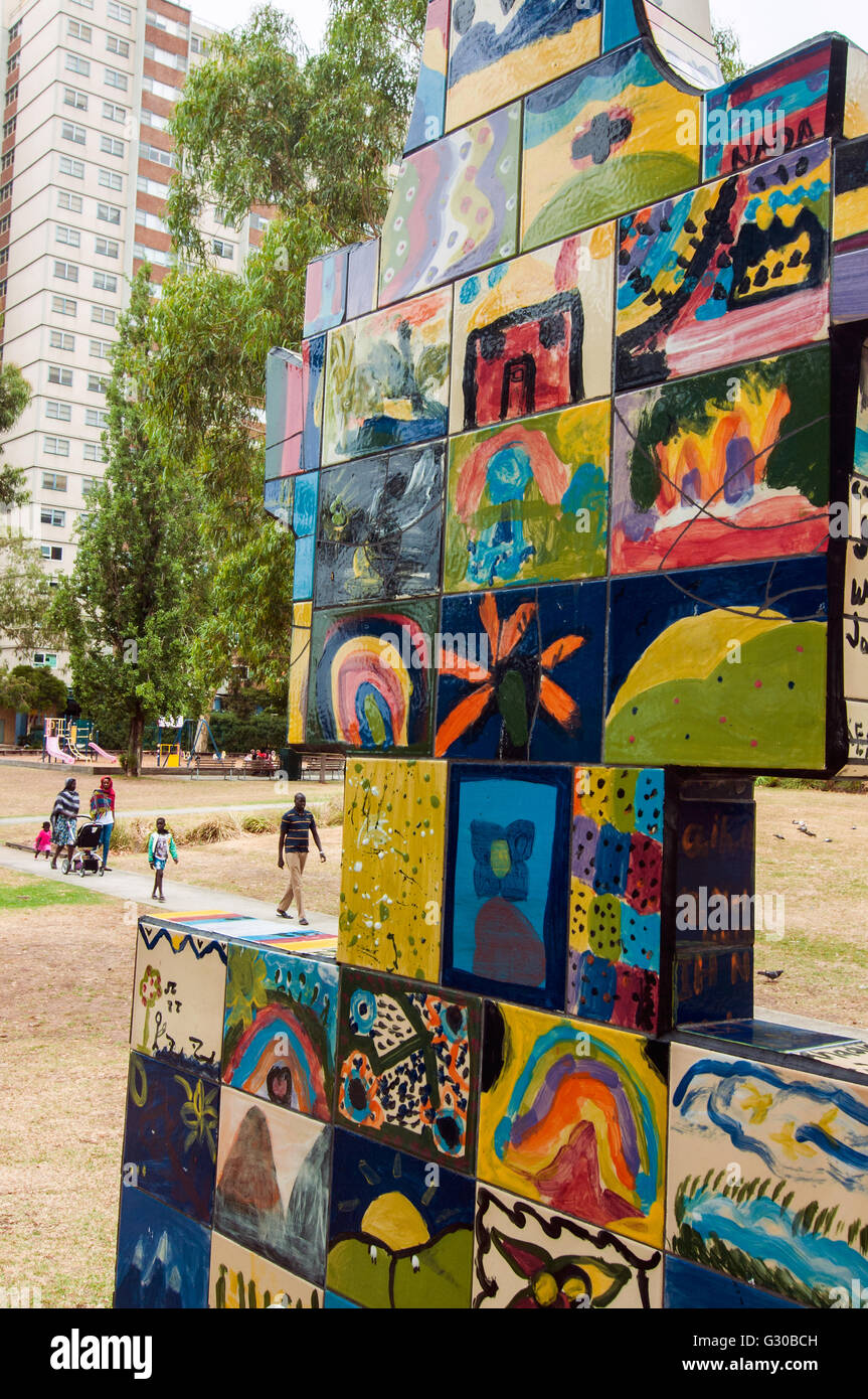 Art work in high-rise housing estate grounds, Fitzroy, Melbourne, Victoria, Australia Stock Photo