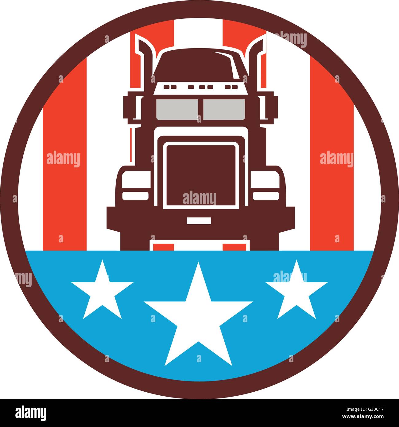 Illustration of a truck viewed from front set inside circle with american stars and stripes in the background done in retro style. Stock Vector