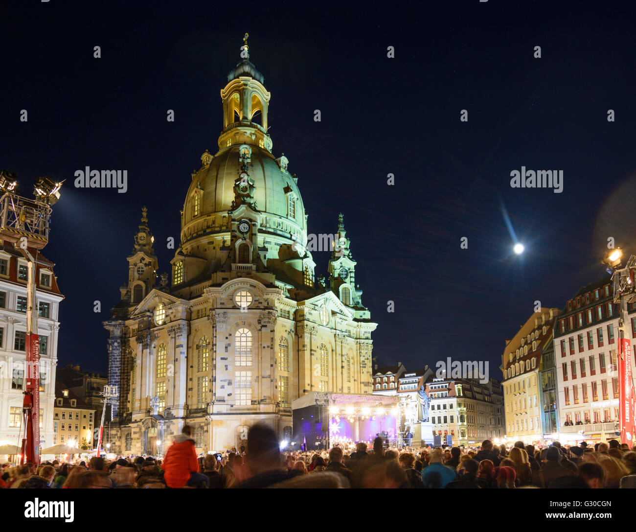 church service in front of the Frauenkirche before Christmas with full moon, Germany, Sachsen, Saxony , Dresden Stock Photo