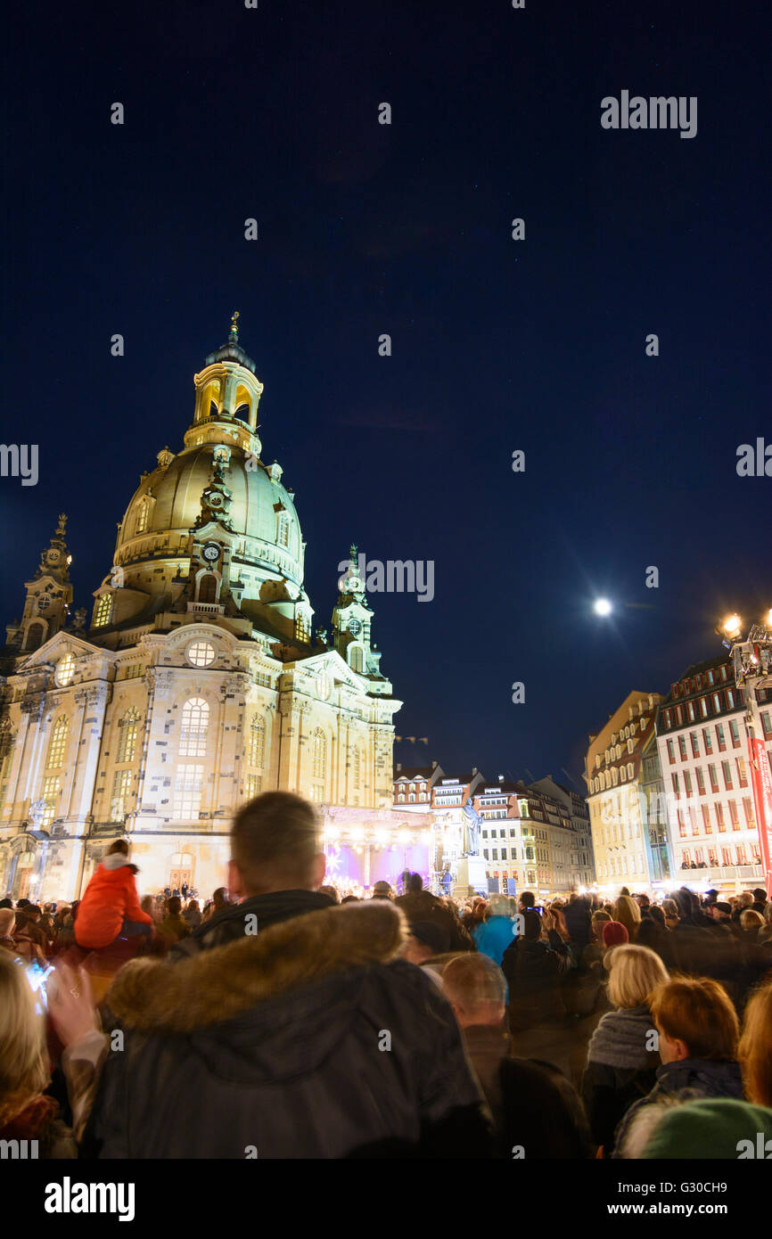 church service in front of the Frauenkirche before Christmas with full moon, Germany, Sachsen, Saxony , Dresden Stock Photo