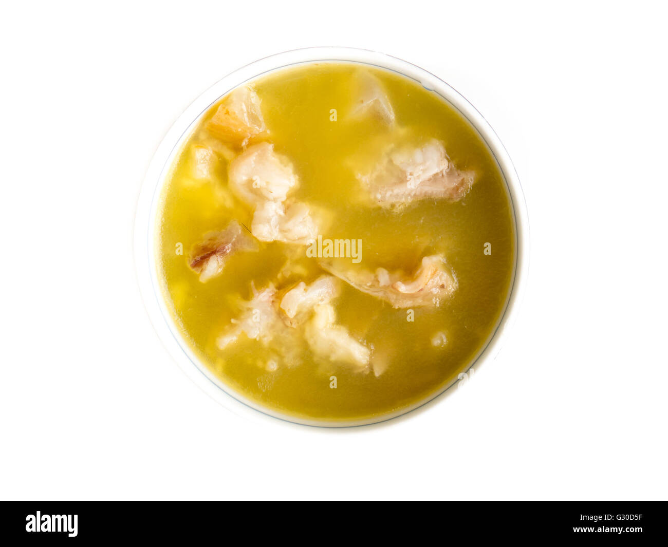 Bowl with bouillon isolated on white background. Stock Photo