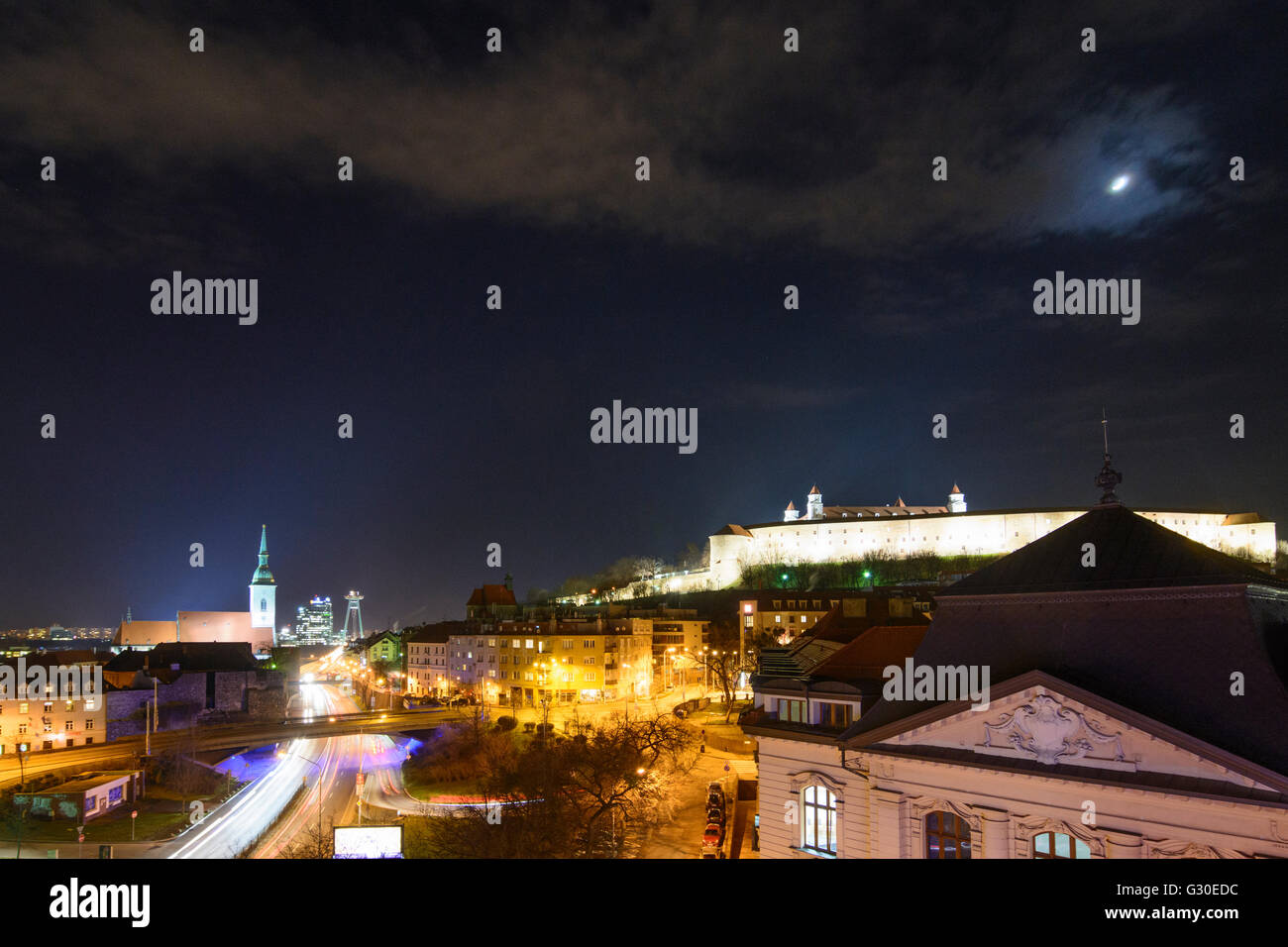 St Martin cathedral, brigde Most SNP with Tower Restaurant in UFO shape and Castle and Moon, Slovakia,  , Bratislava (Pressburg) Stock Photo