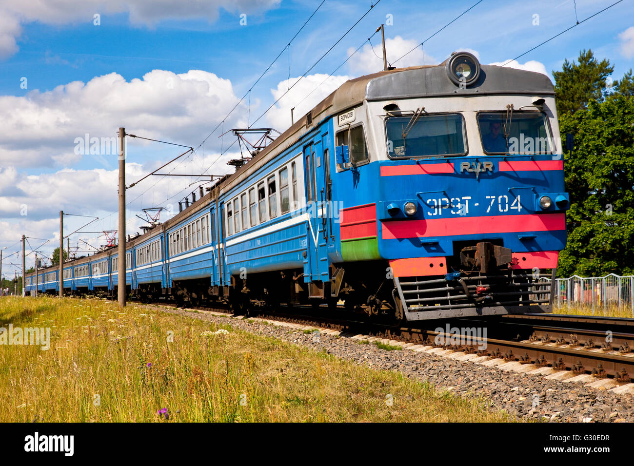 Commuter train near Barysaw, Belarus Stock Photo
