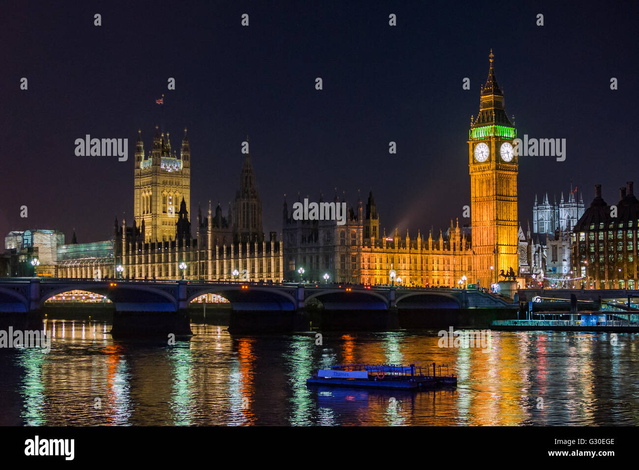 London, Big Ben, parliament bridge night skyline Stock Photo