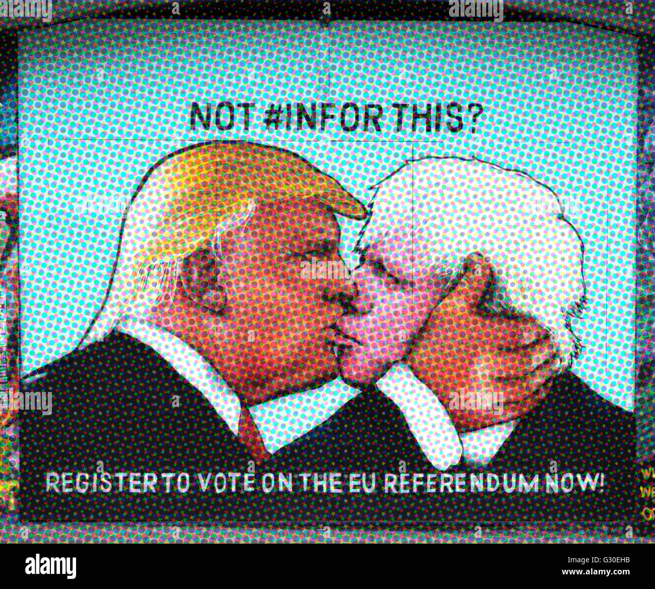 Street art in Bristol showing Donald Trump kissing Boris Johnson, to encourage people to vote in the 2016 EU referendum. Stock Photo