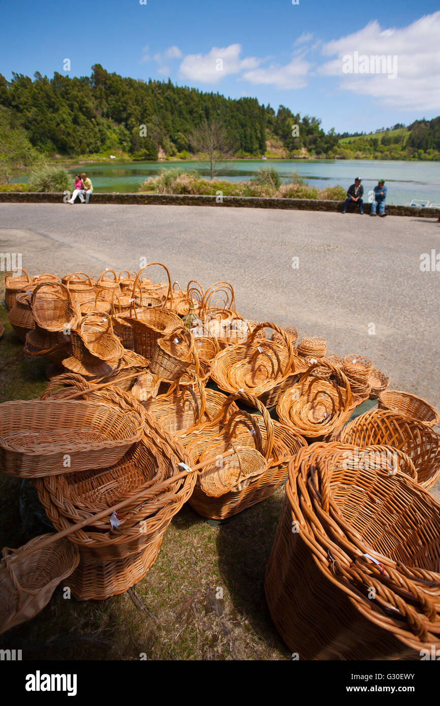 Wicker baskets for sale nearby Furnas lake. Sao Miguel island, Azores islands, Portugal. Stock Photo