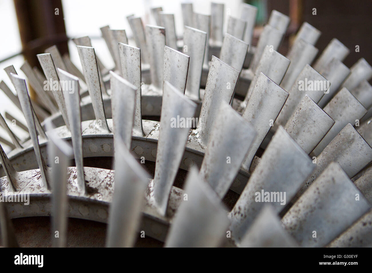 Closeup of the turbine fins of an abandonded generator. Stock Photo