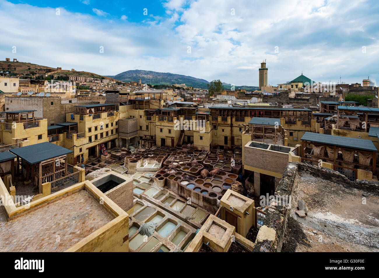 View of a tannery in the city of Fez, in Morocco Stock Photo