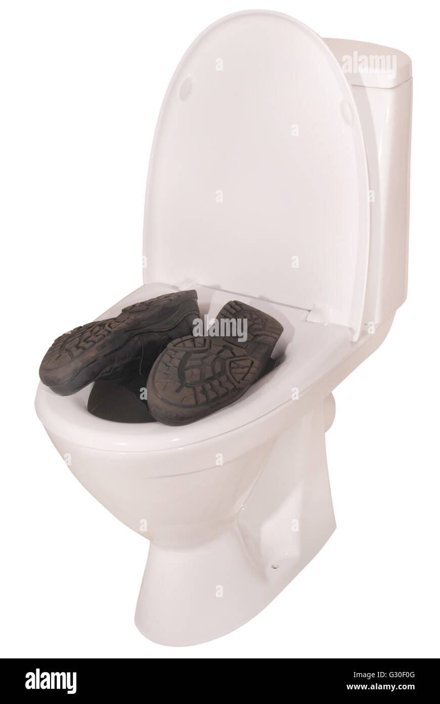 White toilet bowl and boots. Clipping path included Stock Photo Alamy