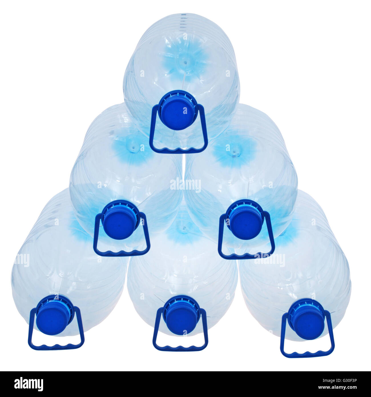 Six big bottles of water isolated on a white. Clipping path included. Stock Photo